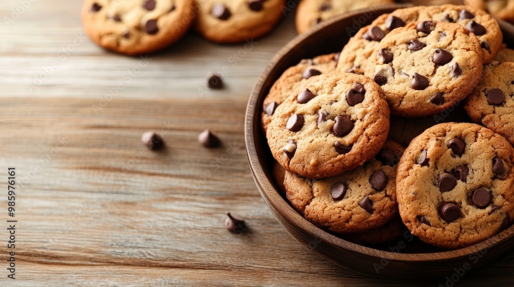 Warm, gooey chocolate chip cookies on a wooden table Warm, gooey chocolate chip cookies on a wooden table