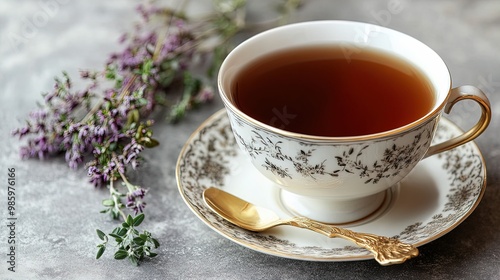 Elegantly Designed Tea Cup Art: A Rich Brown Brew on an Exquisite Saucer with a Golden Spoon - Perfect for a Cozy Kitchen or Inviting Dining Room Poster!