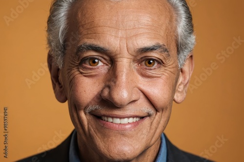 Full framed very close face portrait of a smiling senior latin non binary with amber eyes looking at the camera, studio shot,amber background.