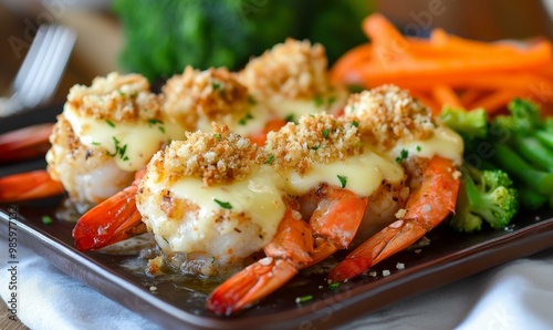 Baked shrimp with bread crumbs and cheese.