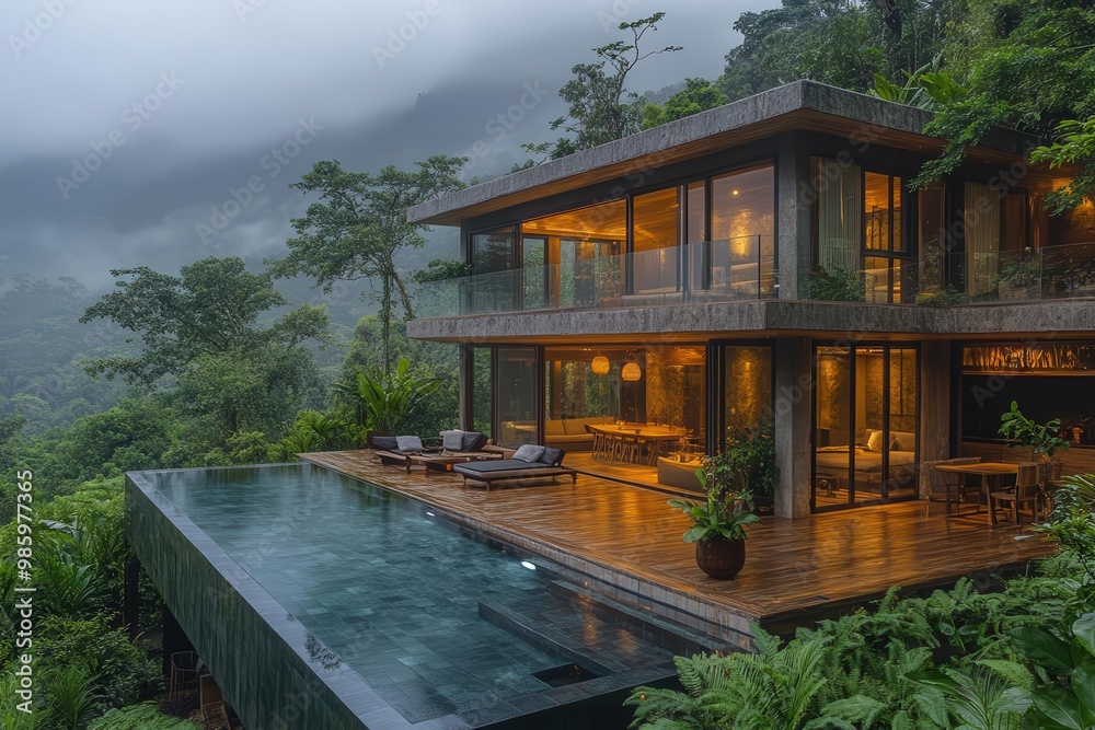 luxurious ecolodge nestled in lush rainforest featuring floortoceiling windows framing breathtaking canopy views blending modern comfort with sustainable design and natural materials luxurious ecolodge nestled in lush rainforest featuring floortoceiling windows framing breathtaking canopy views blending modern comfort with sustainable design and natural materials