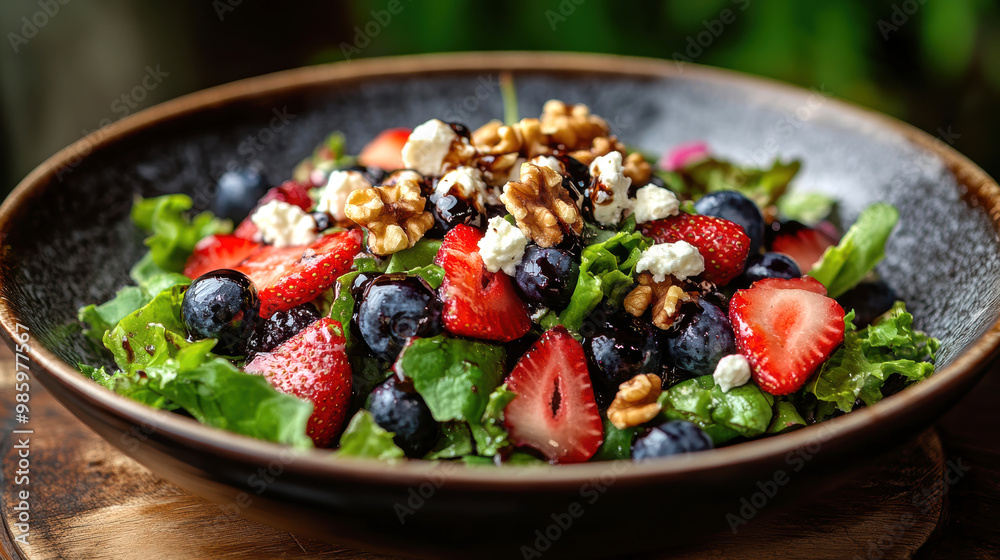 A fresh salad featuring mixed greens, strawberries, blueberries, walnuts, and feta cheese . AI generative A fresh salad featuring mixed greens, strawberries, blueberries, walnuts, and feta cheese . AI generative