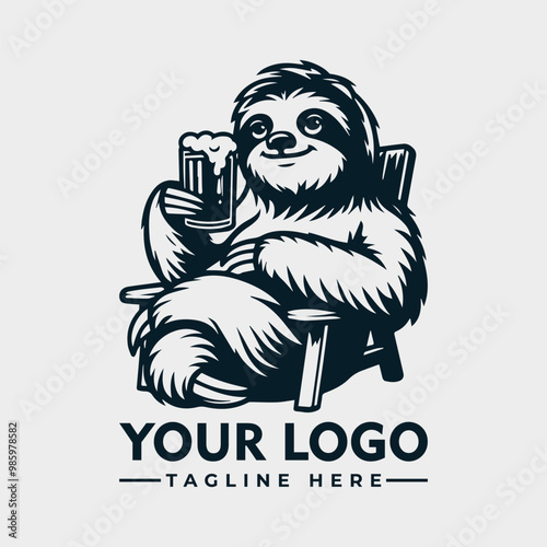 vector logo illustration of a sloth enjoying  beer in a laid-back fashion