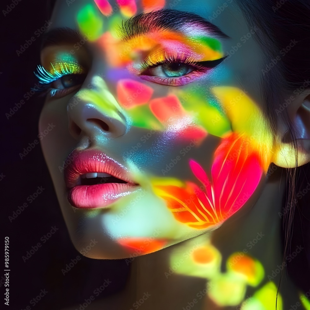 A woman with vibrant floral face art illuminated by colorful light patterns at night. Generative AI A woman with vibrant floral face art illuminated by colorful light patterns at night. Generative AI