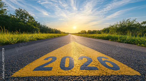 Road to the new year 2026 with the number 2026 written and an arrow pointing forward on an empty road symbolizing future achievements and successes in the new year