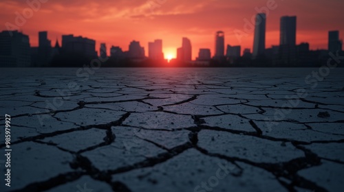 Dry Cracked Earth with City Skyline Sunset