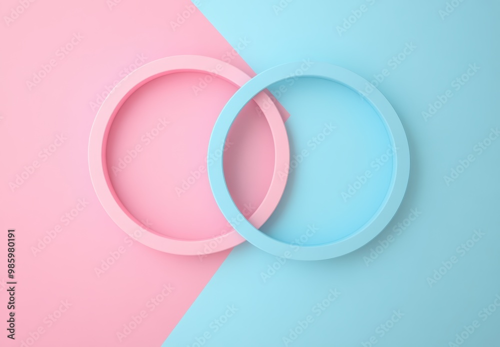 Two interlocking pastel pink and blue green rings symbolize unity and balance, set against a minimalist backdrop. Ideal for branding and conceptual marketing related to relationships. Two interlocking pastel pink and blue green rings symbolize unity and balance, set against a minimalist backdrop. Ideal for branding and conceptual marketing related to relationships.