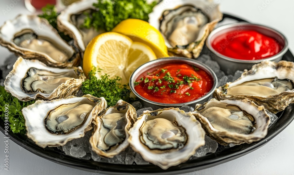 Fresh oysters, lemon wedges, and red sauce.