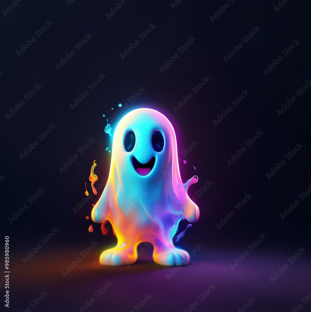 A cheerful, glowing ghost stands on a dark background. A cheerful, glowing ghost stands on a dark background.