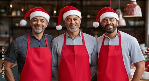 Three men wearing red aprons and santa hats are smiling for the camera. Scene is cheerful, as the men are dressed in holiday attire. a mockup image of three middle aged men wearing red aprons photo