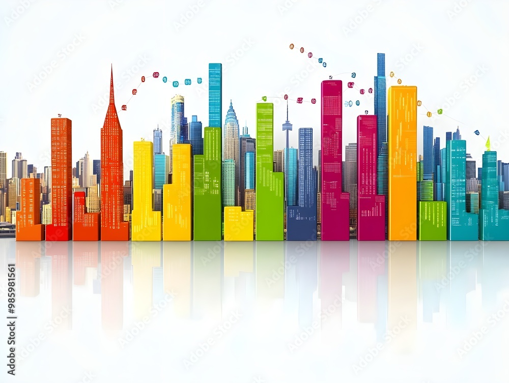 Obraz premium Colorful skyline with reflection, white background