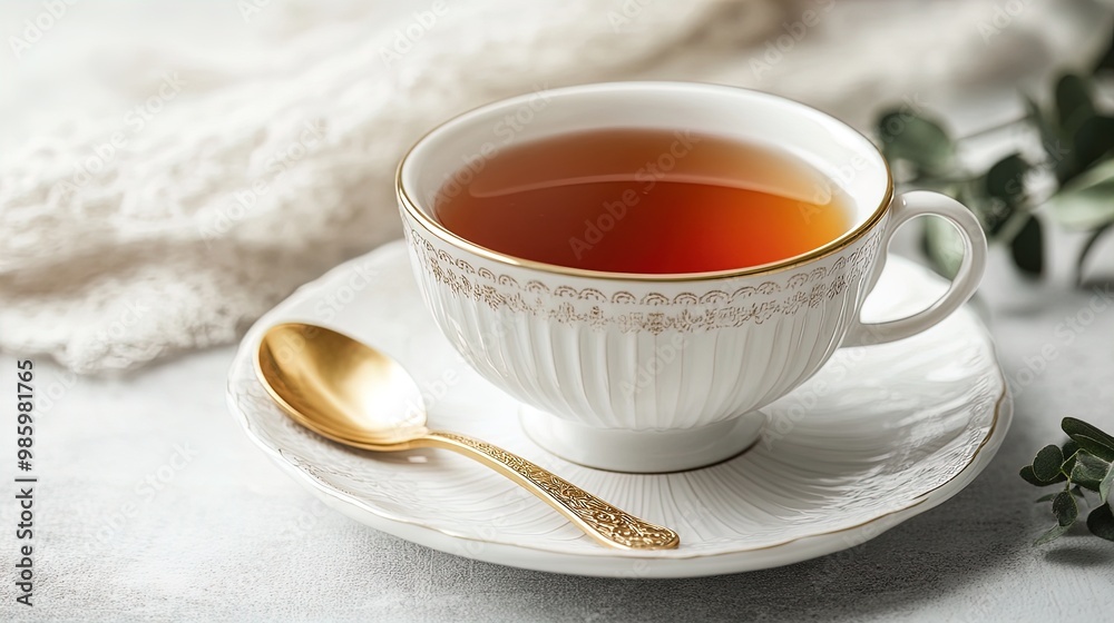 Elegant Porcelain Teacup with Golden Amber Tea and Spoon: Perfect as a Stylish Poster for Cozy Interiors or Tea-Themed Decor with a Touch of Nature Elegant Porcelain Teacup with Golden Amber Tea and Spoon: Perfect as a Stylish Poster for Cozy Interiors or Tea-Themed Decor with a Touch of Nature