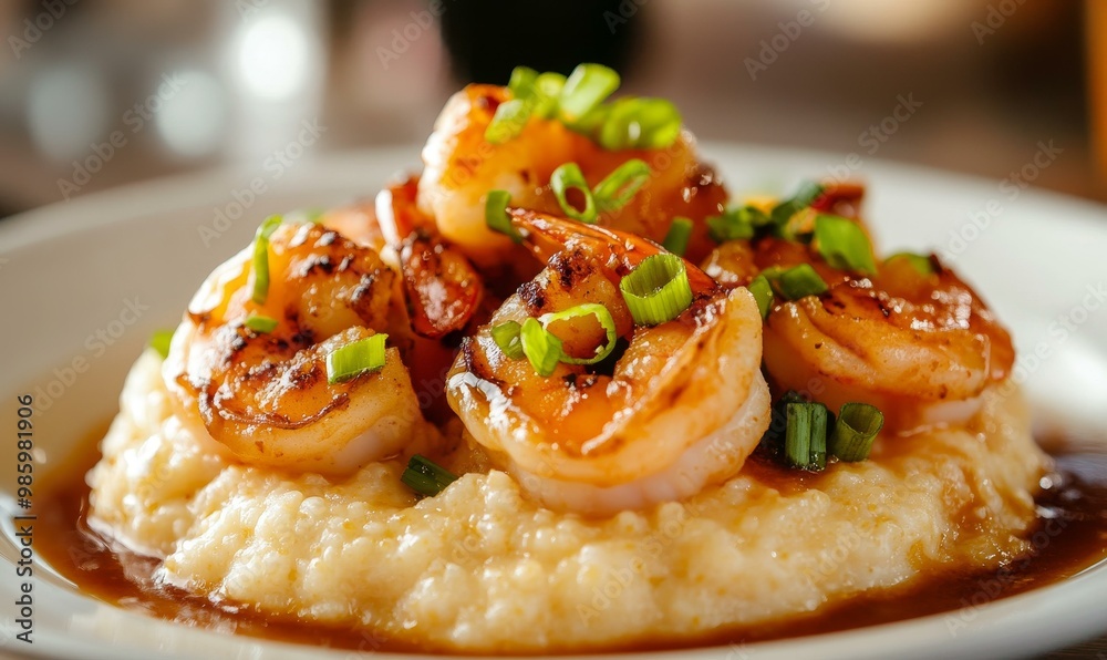 Shrimp and grits with scallions and sauce. Shrimp and grits with scallions and sauce.
