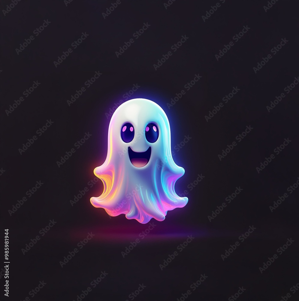 A white ghost with big eyes and a wide smile glows with colorful light against a dark background. A white ghost with big eyes and a wide smile glows with colorful light against a dark background.