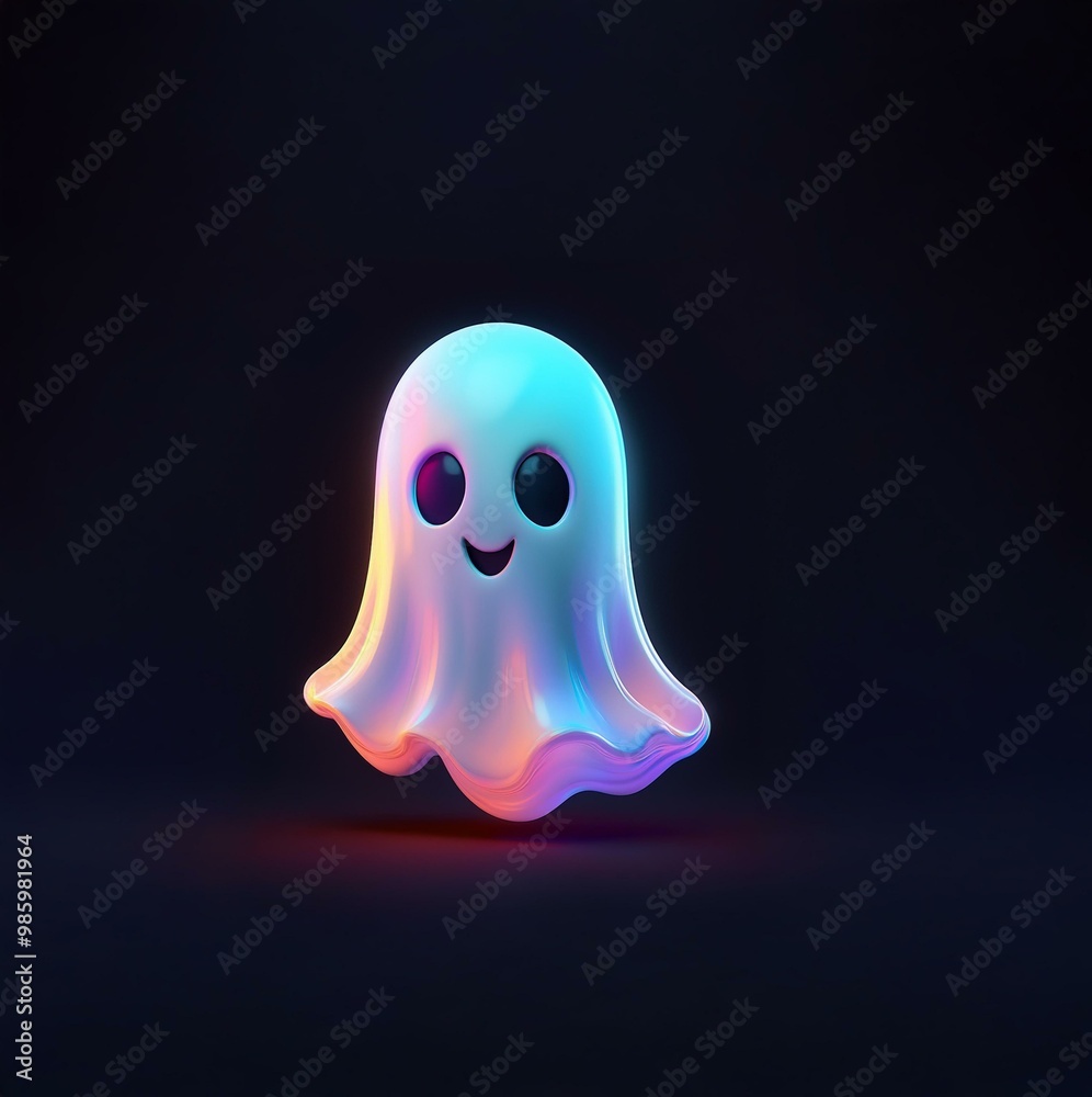 A white ghost with a happy face levitates against a dark background with a neon glow. A white ghost with a happy face levitates against a dark background with a neon glow.
