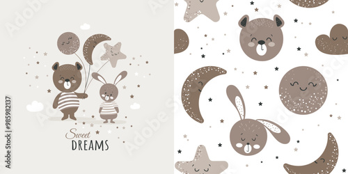 Children's seamless drawing with a cute bear and rabbit, star and moon. Vector design for baby bedding, fabric, wallpaper, wrapping paper and more.