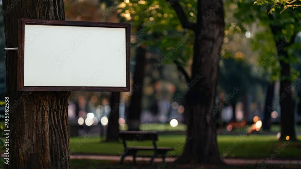 Urban park day to night timelapse with blank billboard for your advertisement. Time flow in urban nature spot with billboard. Urban park day to night timelapse with blank billboard for your advertisement. Time flow in urban nature spot with billboard.