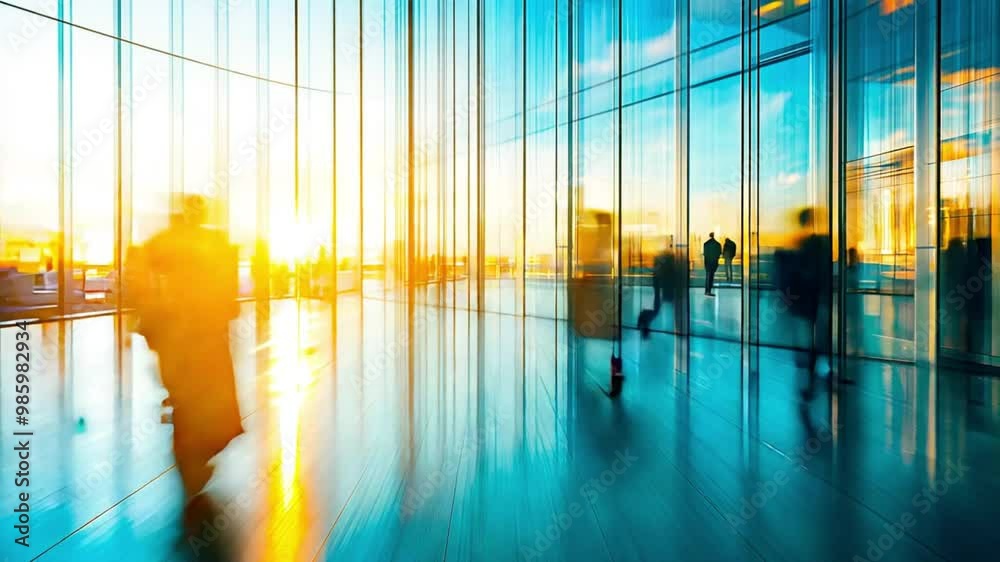 Corporate hustle in glass-walled building. People walking in high speed motion effect in a rush at business office entrance. Busy office life captured in motion blur at sunset.