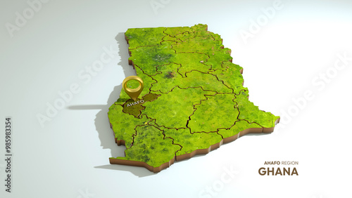 3D rendering of Ghana map highlighting Ahafo isolated on white background photo