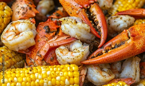 Grilled shrimp, corn on the cob, and crab claws.