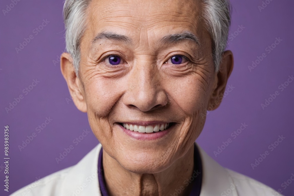 Full framed very close face portrait of a smiling senior japanese non binary with violet eyes looking at the camera, studio shot,violet background. Full framed very close face portrait of a smiling senior japanese non binary with violet eyes looking at the camera, studio shot,violet background.