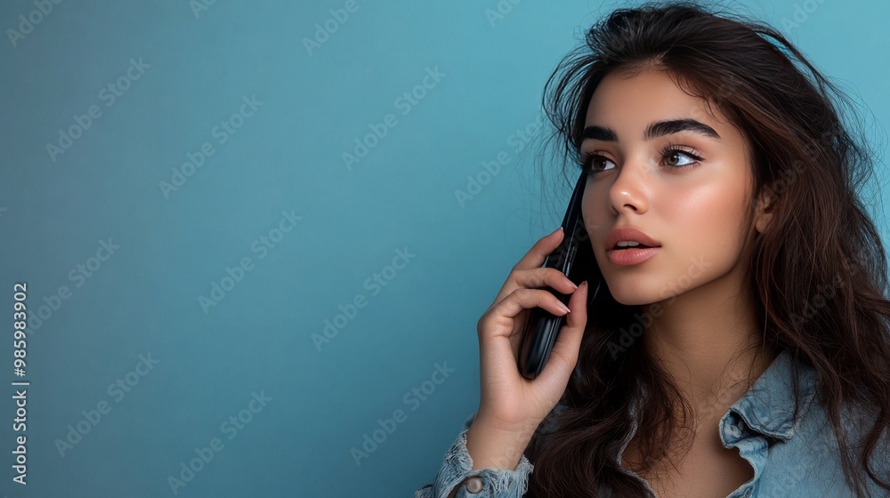 Woman on phone, looks to the side Woman on phone, looks to the side