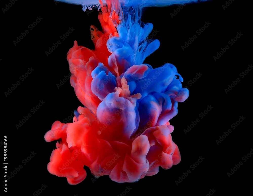 Acrylic blue and red colors in water. Ink blot. Abstract black background. Acrylic blue and red colors in water. Ink blot. Abstract black background.