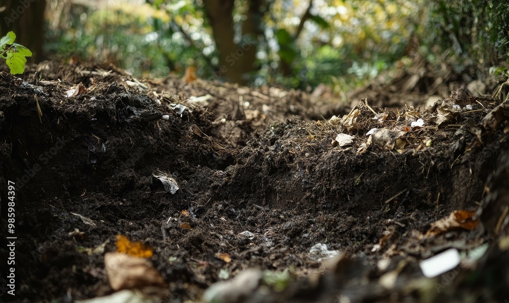 Dark soil with leaves and debris. Dark soil with leaves and debris.