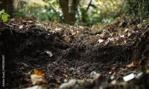 Dark soil with leaves and debris.