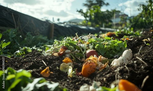 Compost pile with food scraps and leaves. photo