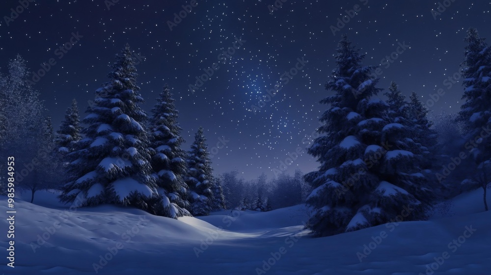 Fototapeta premium Snow-Covered Pine Trees Under a Starry Night Sky
