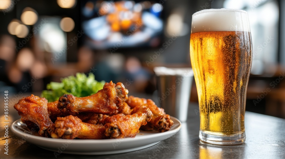 A plate of crispy chicken wings paired with a pint of beer. The scene captures the relaxed atmosphere of a bar with blurred patrons and a TV displaying food. A plate of crispy chicken wings paired with a pint of beer. The scene captures the relaxed atmosphere of a bar with blurred patrons and a TV displaying food.