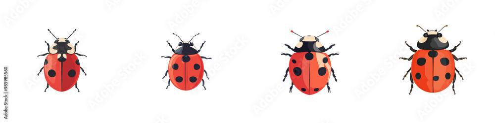 Closeup view of several vibrant and spotted ladybugs or beetles crawling on green leaves in a natural garden or outdoor environment These small Closeup view of several vibrant and spotted ladybugs or beetles crawling on green leaves in a natural garden or outdoor environment These small