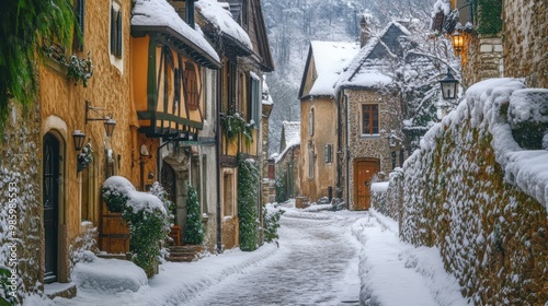 Fototapeta Naklejka Na Ścianę i Meble -  Snow-Covered Stone Buildings and Cobblestone Street in a European Village