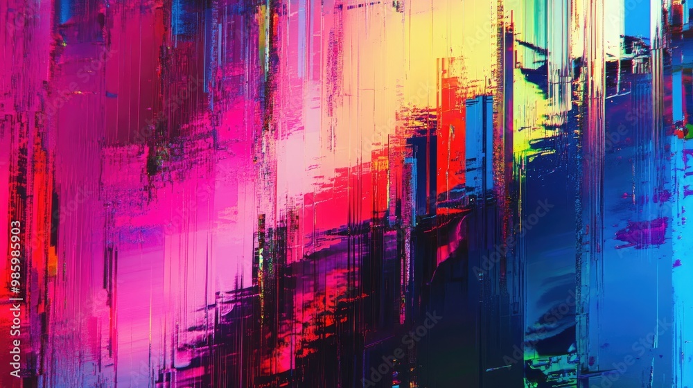 Obraz premium Colorful glitch art with distorted lines and digital artifacts. Wallpaper art