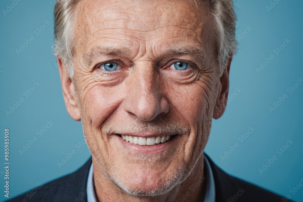Full framed very close face portrait of a smiling senior caucasian man with blue eyes looking at the camera, studio shot,blue background. Full framed very close face portrait of a smiling senior caucasian man with blue eyes looking at the camera, studio shot,blue background.