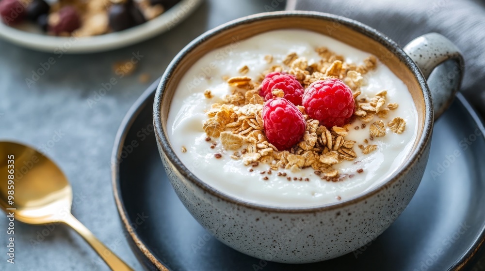 Yogurt, cereal, and coffee for breakfast Yogurt, cereal, and coffee for breakfast