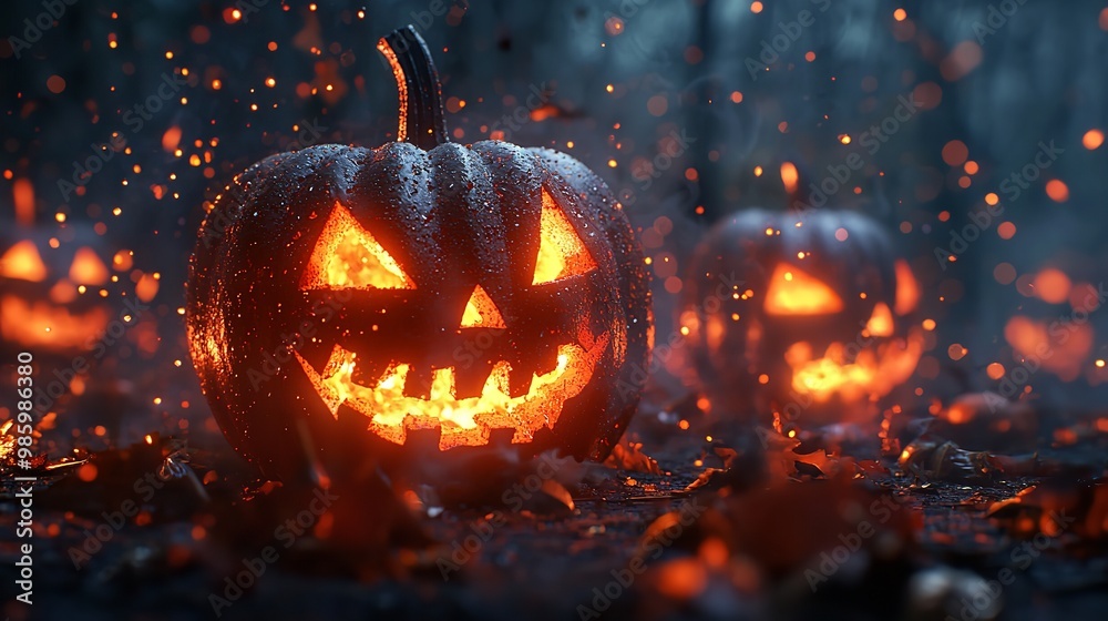 Fototapeta premium Chilling Pumpkin Faces in a Foggy Forest