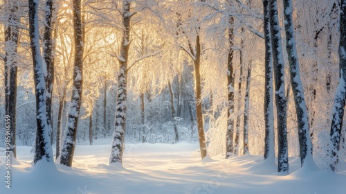 Sunlit Snow-Covered Trees in a Winter Forest