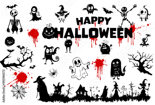 Happy Halloween icon set - Halloween silhouettes, symbols and characters. Blood splatters and other spooky scary elements for Halloween design. Vector illustration for invitations and parties.