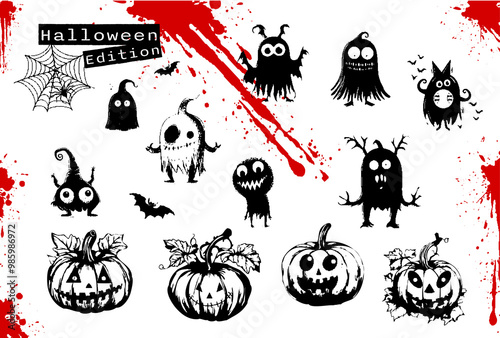Happy Halloween icon set - Halloween silhouettes, symbols and characters. Blood splatters and other spooky scary elements for Halloween design. Vector illustration for invitations and parties.