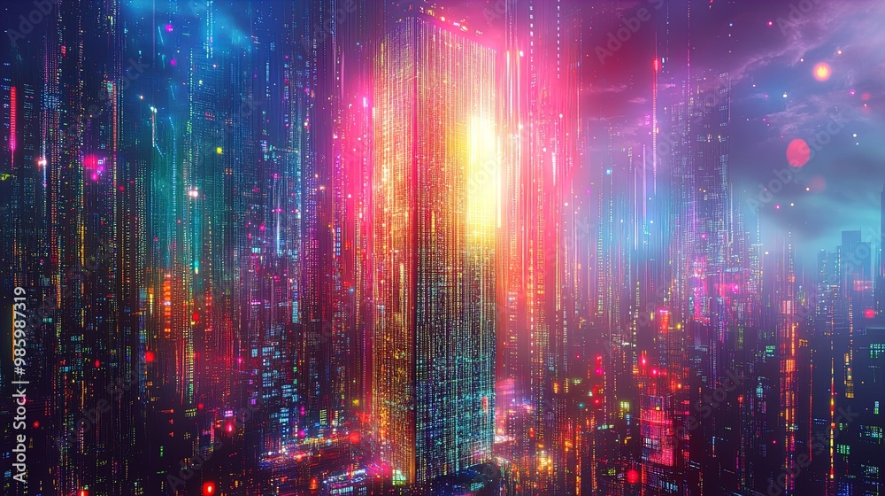 Futuristic Digital Circuit Skyscraper: A Vibrant Cityscape Poster for Modern Interiors, Perfect for Tech-Inspired Spaces and Sporty Environments Futuristic Digital Circuit Skyscraper: A Vibrant Cityscape Poster for Modern Interiors, Perfect for Tech-Inspired Spaces and Sporty Environments