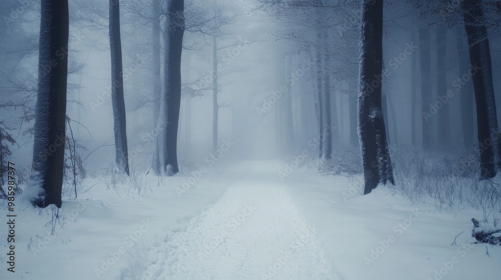 Obraz premium Snowy Path Through a Foggy Winter Forest