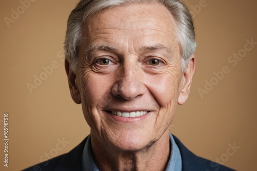 Full framed very close face portrait of a smiling senior caucasian non binary with hazel eyes looking at the camera, studio shot,hazel background.