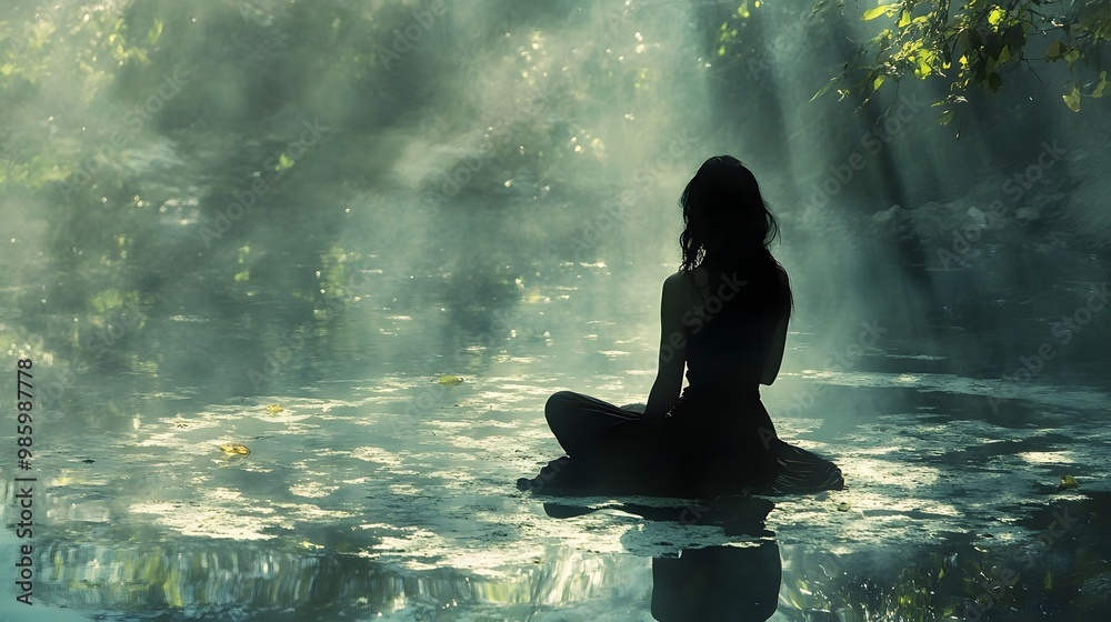 Woman Silhouetted in Foggy Water Surrounded by Lush Greenery
