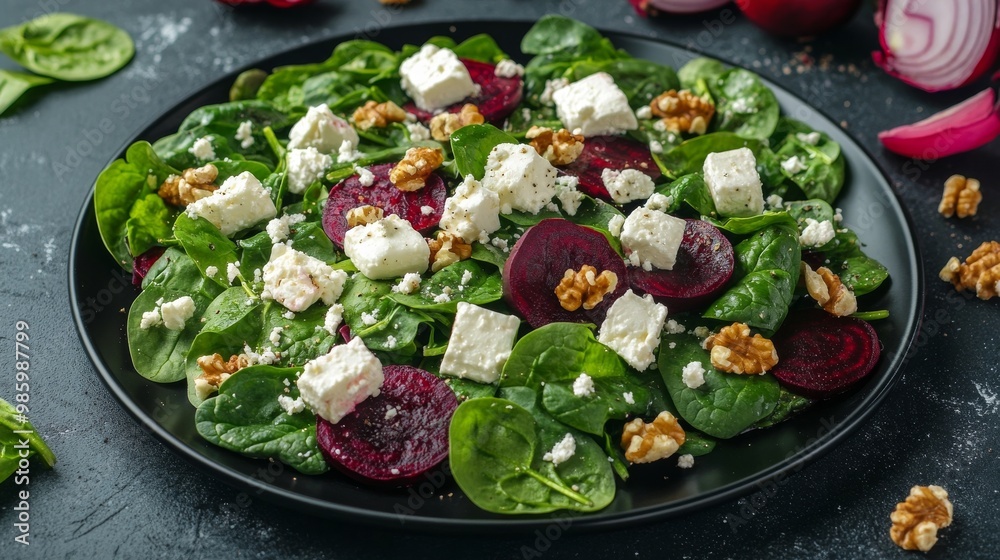 Spinach salad with feta, beetroot, walnuts and onion on black plate Spinach salad with feta, beetroot, walnuts and onion on black plate
