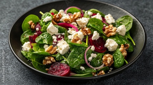 Spinach salad on black plate with feta, beetroot, walnuts and onion