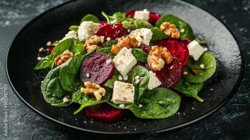 Spinach salad with feta, beetroot, walnuts and onion on black plate