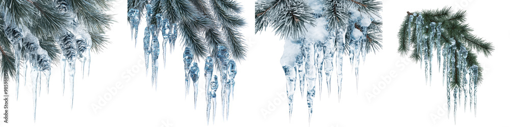 Fototapeta premium Breathtaking winter landscape featuring a serene forest scene with evergreen trees adorned in a captivating display of glistening icicles and snow covered branches