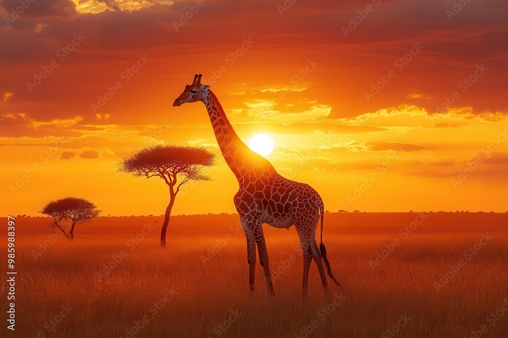 Obraz premium majestic giraffe in golden savanna sunset elongated neck reaching for acacia leaves silhouetted tree warm orange sky african wildlife serenity